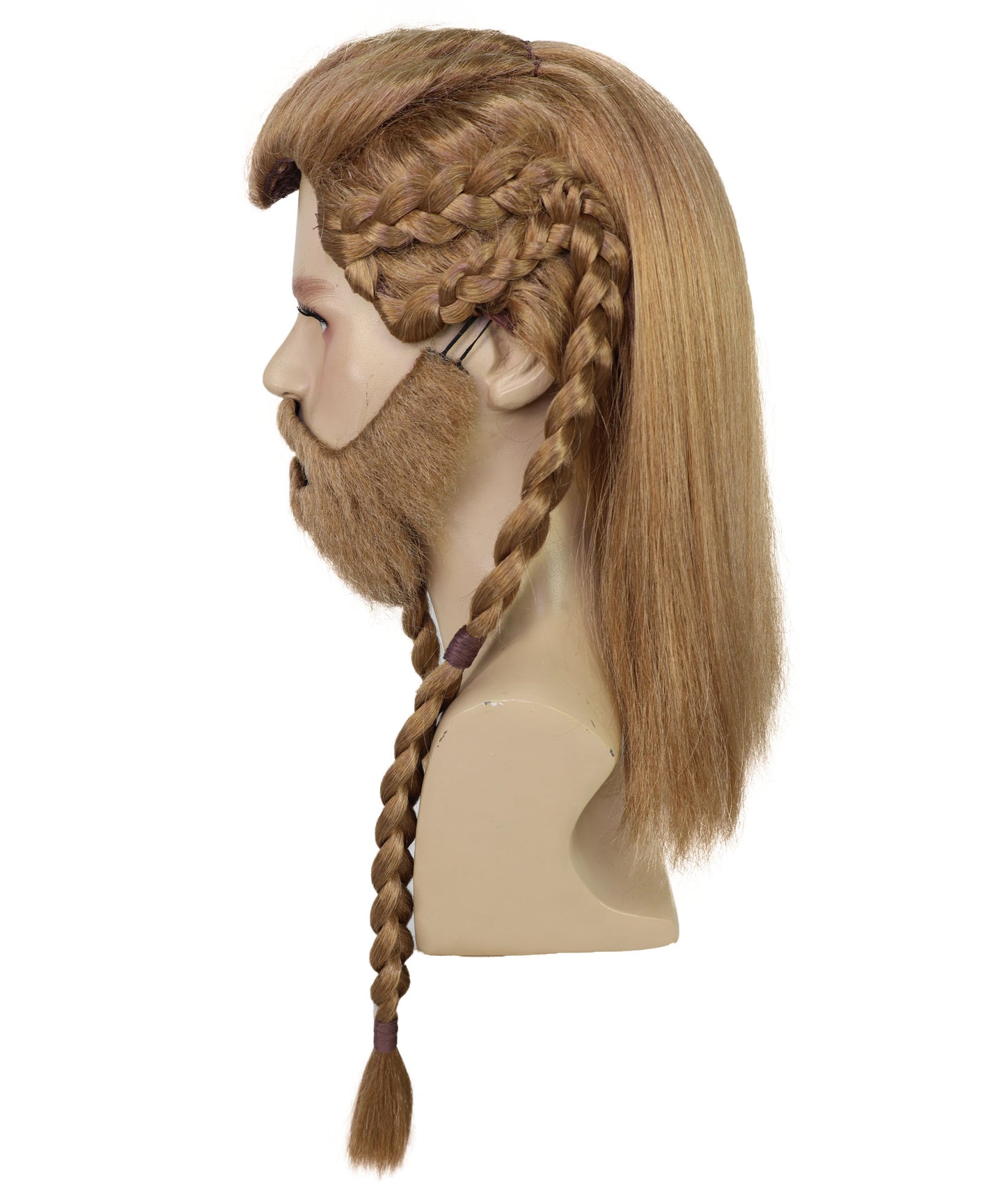 HPO Men's Viking Braided Brown Wig, Beard & Mustache Set | Long Synthetic Hair with Braided Styling | Nordic Warrior Inspired or Festivals, Parties