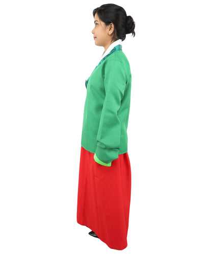 HPO Women’s Anime Herbal Maid Red & Green Costume | Traditional Long Dress with Apron & Waist Bow | Cosplay Outfit for Halloween, Conventions, Stage & Roleplay