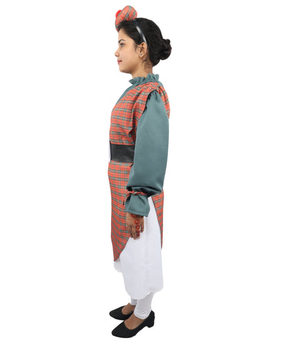 HPO Women's Scottish Girl Manor Maid Multicolor Costume - Strawberry Kilt Skirt Party Dress Outfit