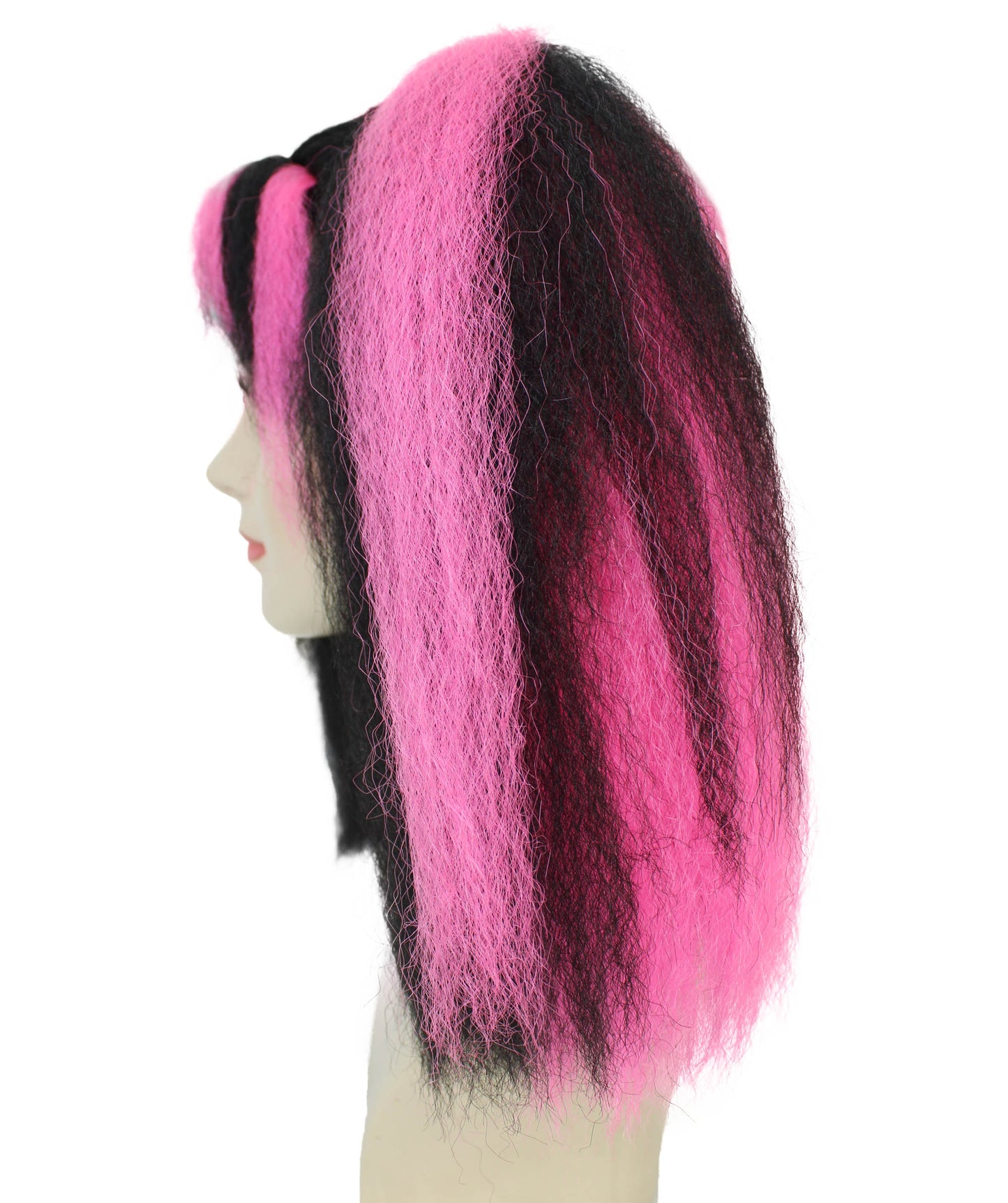 HPO Adult Women’s Steampunk Wig with Black Base and Vibrant Pink Streaks Ponytails | Synthetic Flame-Retardant Fiber |