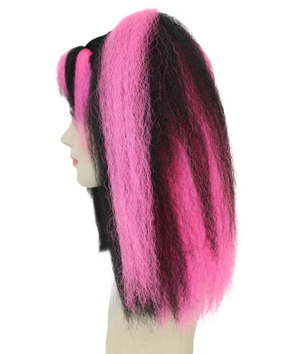 HPO Adult Women’s Steampunk Wig with Black Base and Vibrant Pink Streaks Ponytails | Synthetic Flame-Retardant Fiber |