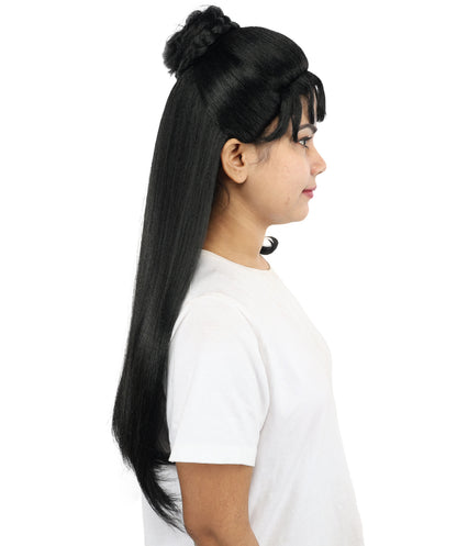 HPO Women’s 24” Long Black Wig | Elegant Half-Up Curly Bangs Wig for Historical, Mythical, or Theatrical Roles | Capless Cap Design