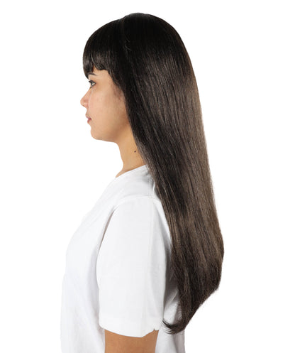 HPO Women’s Long Straight Black Wig with Bangs | Flame-retardant Synthetic Fiber | Classic Retro-Inspired Costume Hairpiece