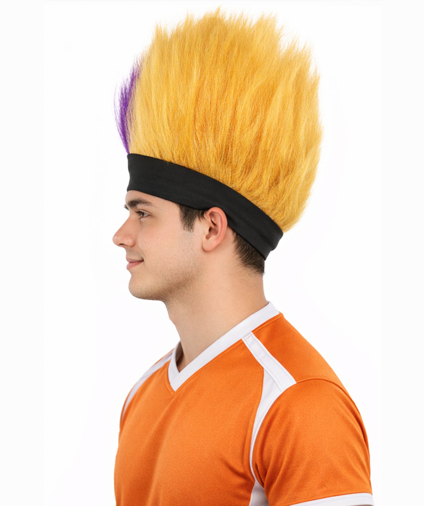 HPO Men's Purple and Golden Spiky Wig | Short Upright Mohawk Style Flame-retardant Synthetic Fiber Headband Design | Halloween Themed Party Dress Up Sports Fan Accessory