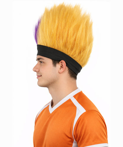HPO Men's Purple and Golden Spiky Wig | Short Upright Mohawk Style Flame-retardant Synthetic Fiber Headband Design | Halloween Themed Party Dress Up Sports Fan Accessory