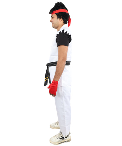 HPO Men's Martial Arts Fighter Outfit | White GI Costume with Body, Pant, Belt, Gloves, Headband | Video Game Fighter costume For Cosplay & Themed Battle Events