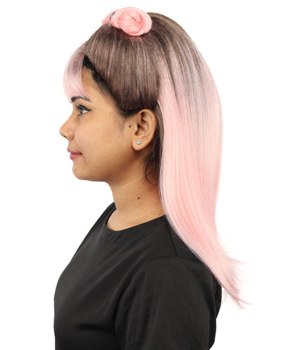 HPO Women's Brown & Pink Half Updo Bangs Wig | Create of synthetic fiber, blunt fringe with top bow, breathable base | Party, Halloween, theater, drag, performance, costume events