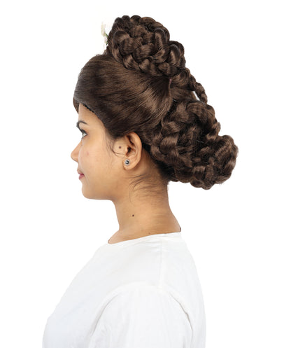 HPO Adult Women’s Elegant Brown Updo Wig | 12” Flame-Resistant Synthetic Hairpiece | Lightweight Capless Design for Halloween and Cosplay