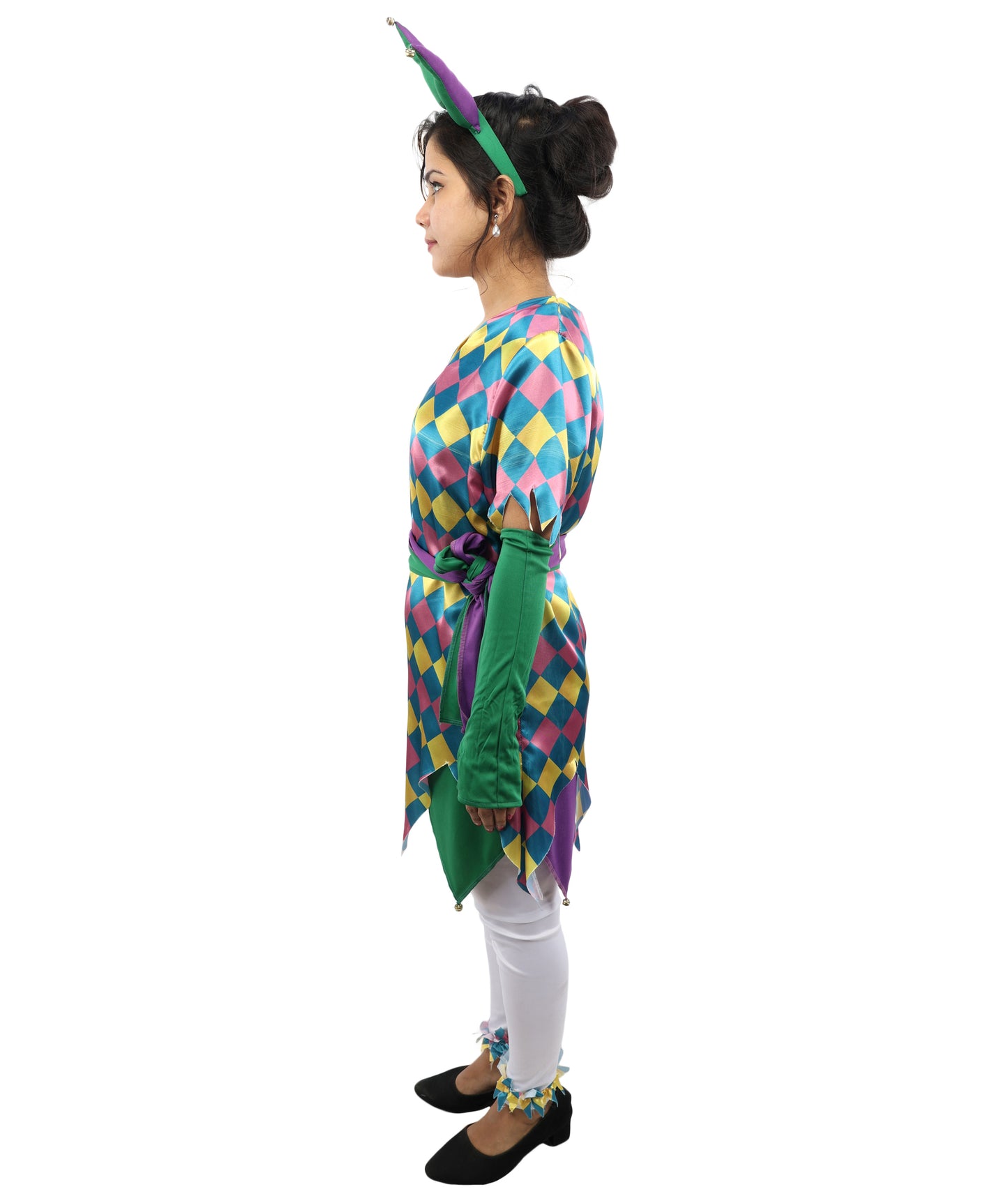 HPO Women's Sequin Jester Dress Costume – Multicolor Jester Style Outfit with Diamond Pattern | Party, Cosplay & Festival Wear