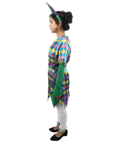 HPO Women's Sequin Jester Dress Costume – Multicolor Jester Style Outfit with Diamond Pattern | Party, Cosplay & Festival Wear