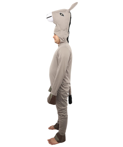 HPO Men's Hooded Donkey Costume| Gray Animal Jumpsuit for Halloween