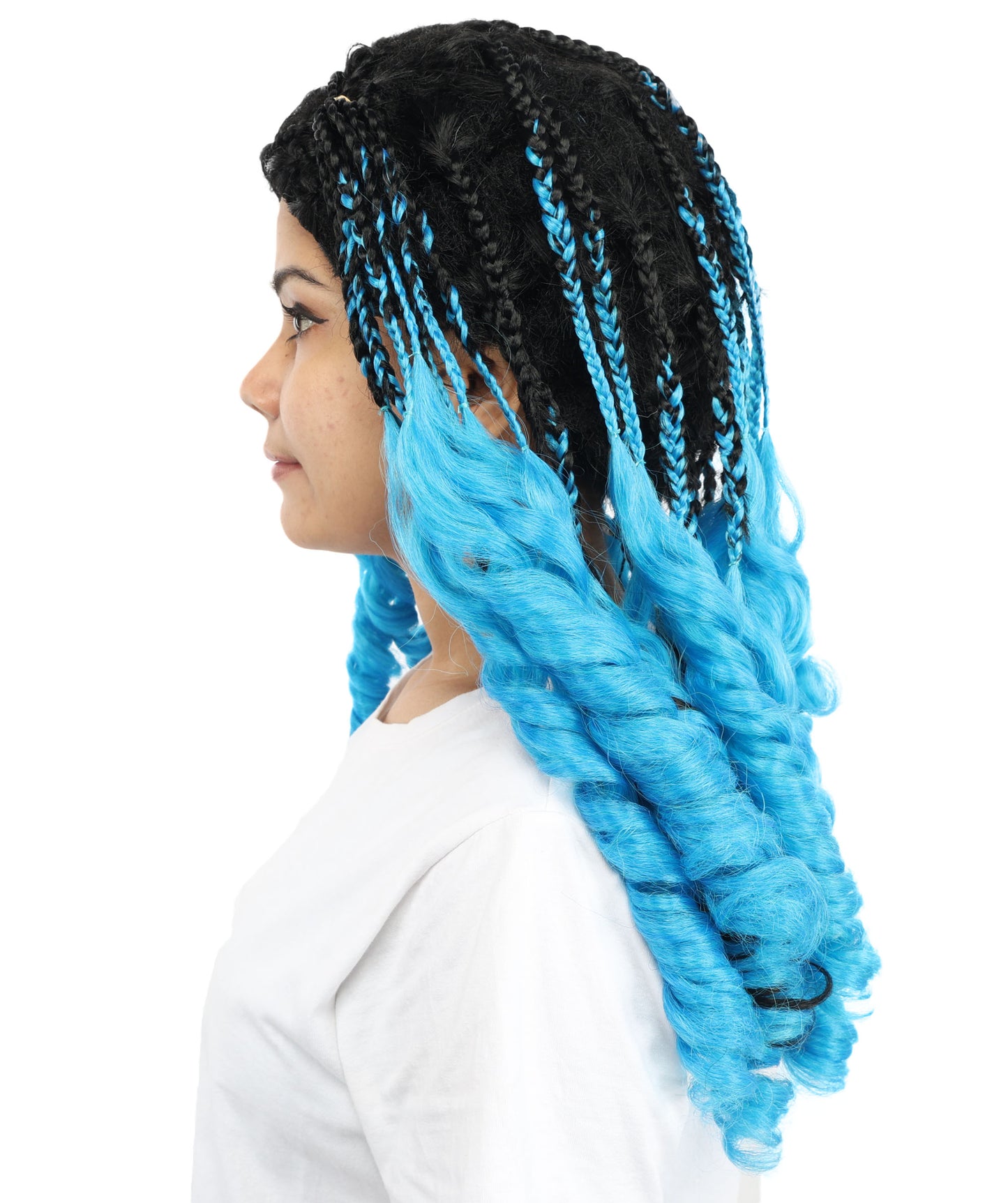HPO Women’s Long Ombre Blue & Black Braided Wig | Gradient Synthetic Braids for Cosplay & Halloween | Lightweight Capless Cap Design