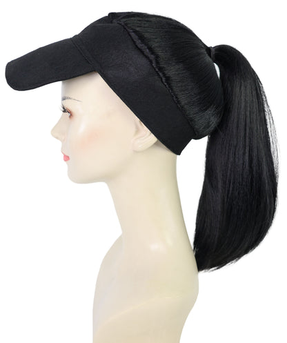HPO Adult Women’s 16-Inch Synthetic Kinky Straight Ponytail Wig with Hat | Natural Black Fluffy Hair with Adjustable Straps | Ideal for Halloween | Breathable Capless Cap