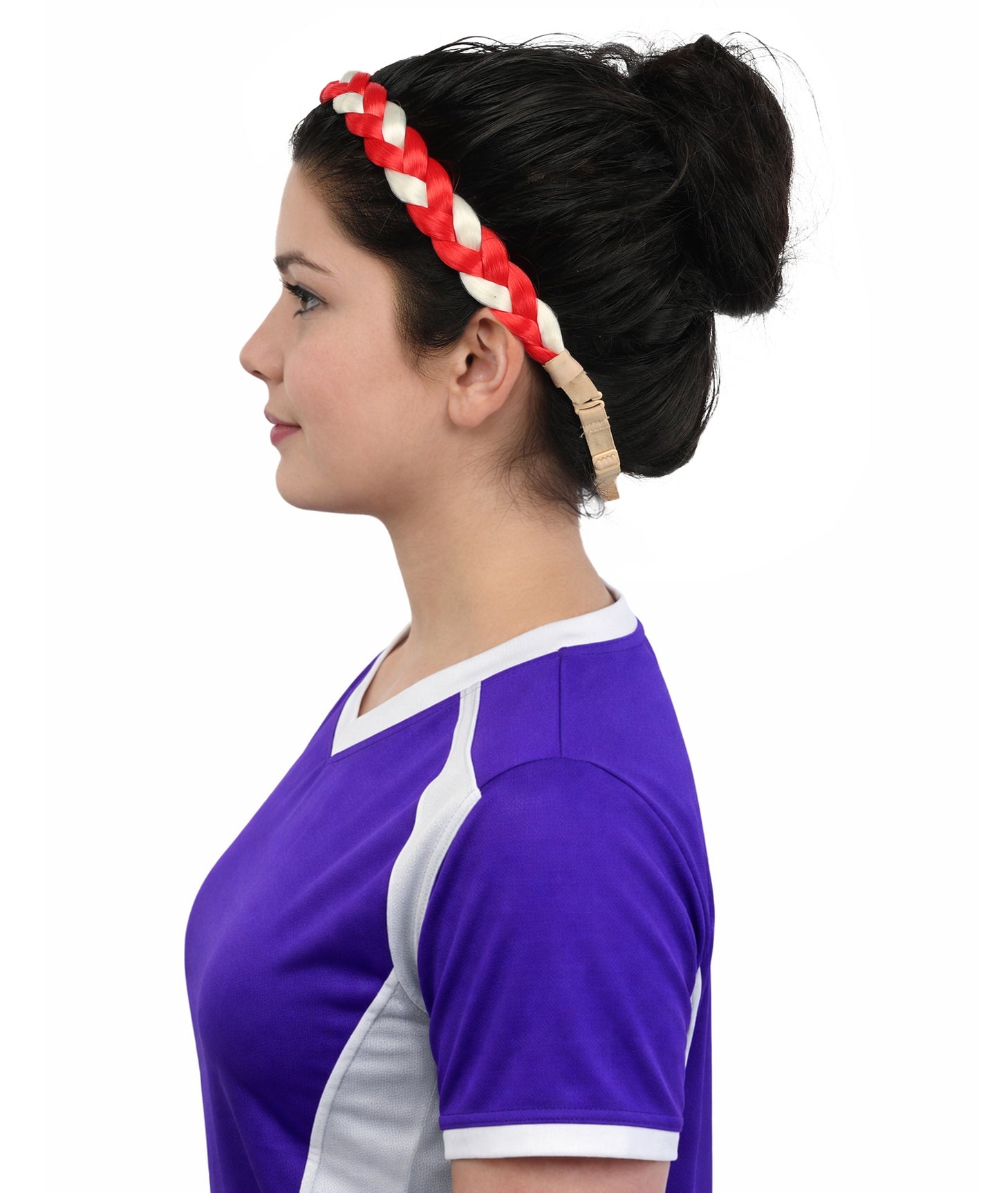 HPO Women's Multinational Braided Hairband | Textured red and white synthetic fibers woven into a twisted headband with elastic backing | Ideal for party, Halloween, cosplay, theater, drag, performance, costume events