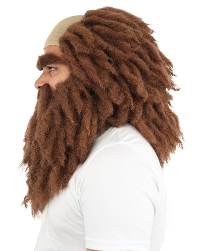 HPO Men's Bushy Brown Curly Beard Moustache Eyebrow and Wig Set | Wild Hair Look Costume Accessory with Bald Cap Design | Synthetic Fiber Wig Ideal for Stage Shows, Dress-Up & Party Events