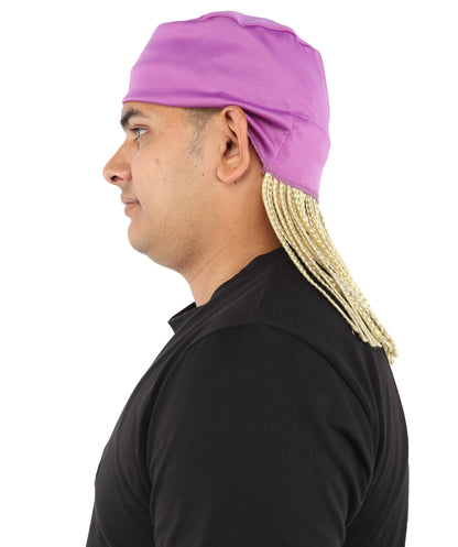 Men’s Movie Character Inspired Black Braided Wig with Purple Head Wrap Hat | Flame-retardant Synthetic Fiber | Ideal Hairpiece for Cosplay & Halloween