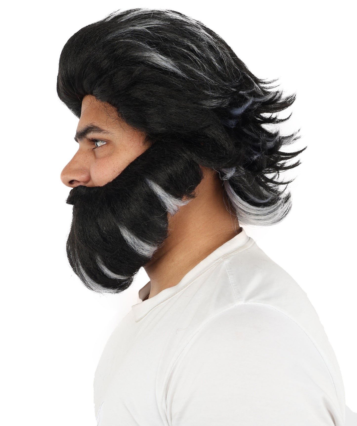 HPO Men’s Medium Length Black & White Wig and Beard Set – 11 Inch Synthetic Hairpiece with Capless Cap Design | Ideal for Halloween , Stage & Costume Use