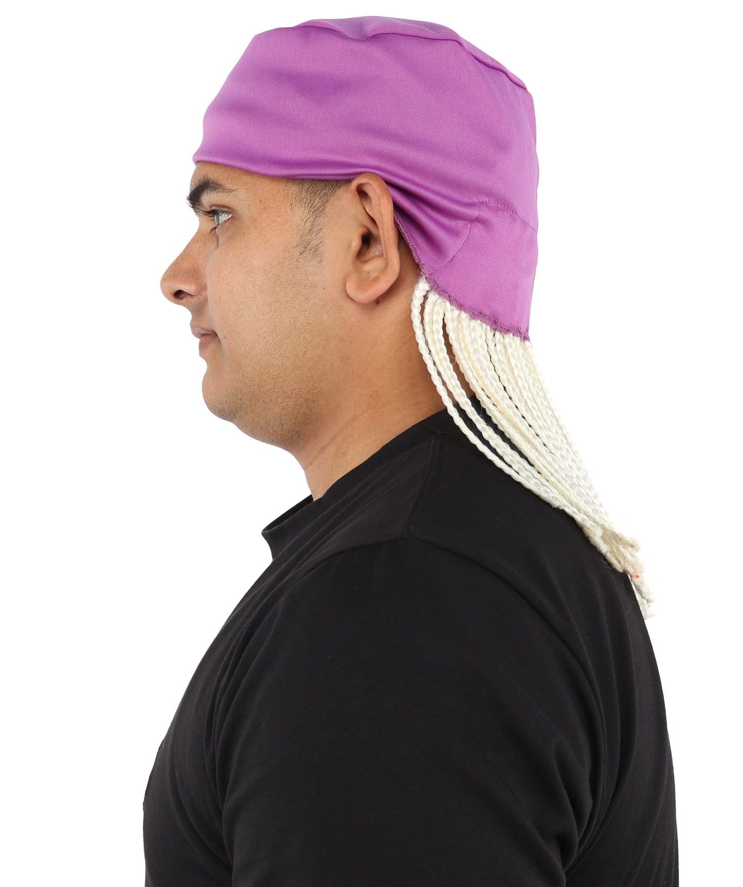 Men’s Movie Character Inspired Black Braided Wig with Purple Head Wrap Hat | Flame-retardant Synthetic Fiber | Ideal Hairpiece for Cosplay & Halloween