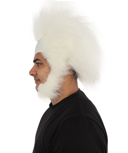 HPO Men's Mad Scientist White Wig With Side Beard | Wild Spiky Hair for Costume Cosplay & Dress-Up | Science Theme Characters, Horror Style Looks & Party Events