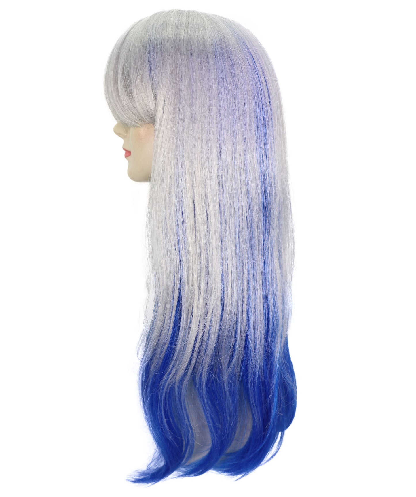 HPO Adult Women’s Long Wavy Silver and Blue Gradient Wig  | Flame-retardant Synthetic Fiber | Flipped Ends Wig for Halloween and Cosplay