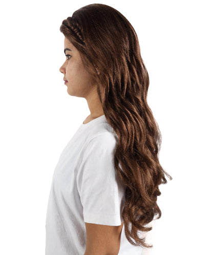 HPO Women’s Long Wavy Brown Wig | Flame-retardant Synthetic Fiber | Lightweight Capless Design for Halloween and Party