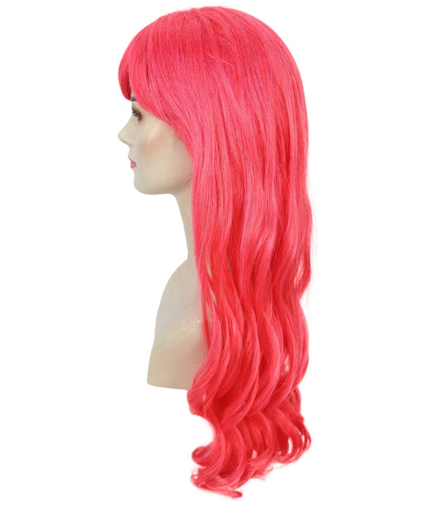 HPO Women's Red Long Wavy Desire Wig with Front Bangs | Halloween and Party Wig | Flame-retardant Synthetic Fiber  |  Premium Breathable Capless Cap