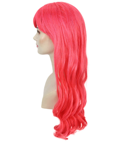 HPO Women's Red Long Wavy Desire Wig with Front Bangs | Halloween and Party Wig | Flame-retardant Synthetic Fiber  |  Premium Breathable Capless Cap