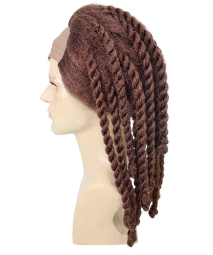 HPO Men’s Medium Length Brown Rapper Braided Wig | Halloween and Cosplay Wig | Flame-retardant Synthetic Fiber