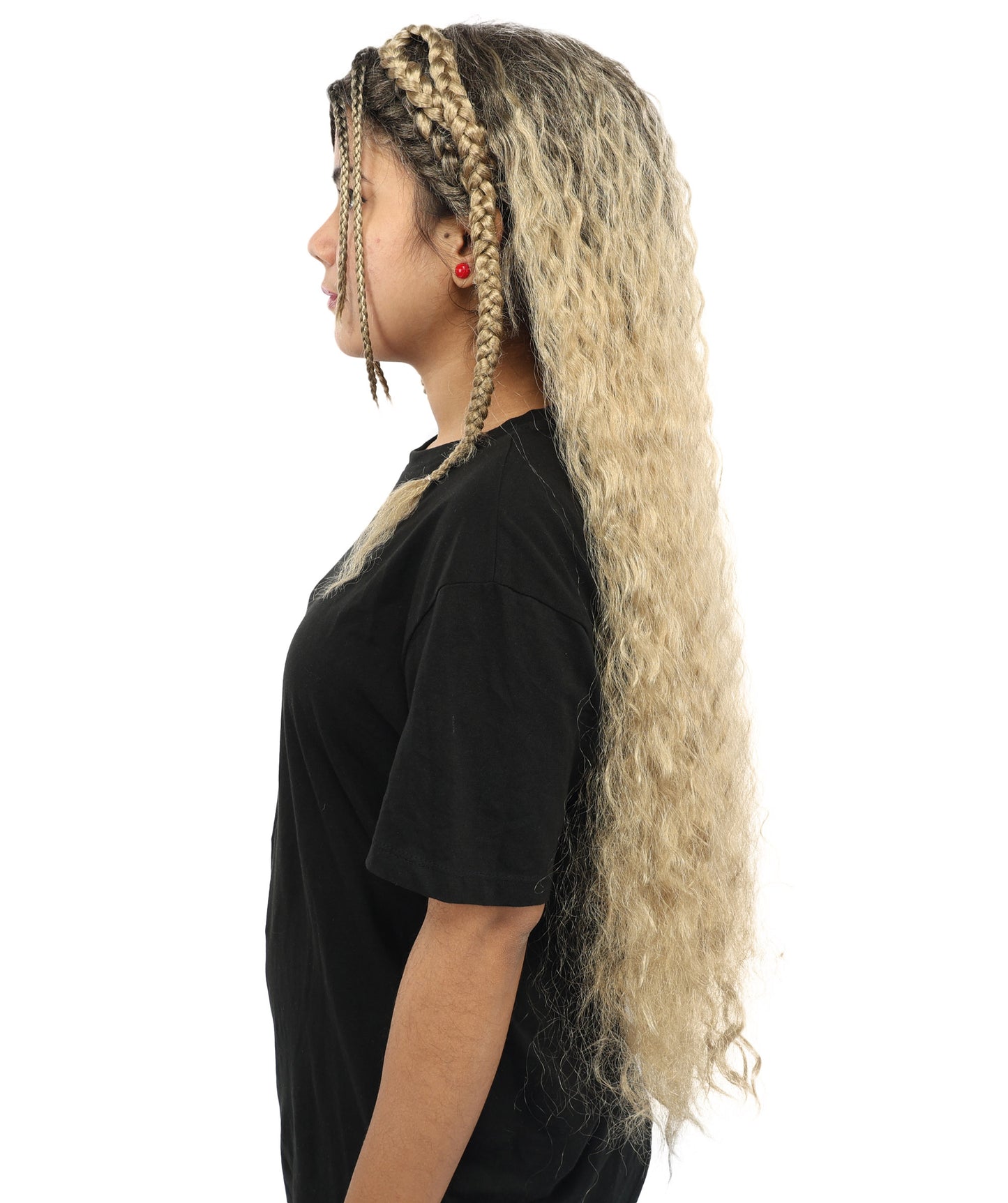 HPO Women's Extra Long Dark Brown & Ash Blonde Mixed Wig with Micro Braids | Loose Wavy Synthetic Hairpiece for Cosplay, Festivals, Stage Shows &  Parties