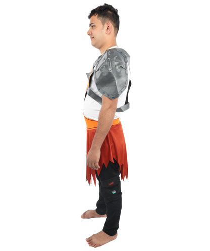 HPO Men's Tribal Warrior Costume – Grey Top & Brown Skirt | Fantasy Battle Outfit for Halloween, Cosplay, Parties