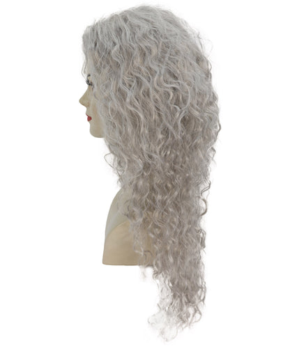HPO Women’s 27 Inch Long Curly Silver Grey Mermaid Wig | Fantasy Wig for Halloween Parties Breathable Cap
