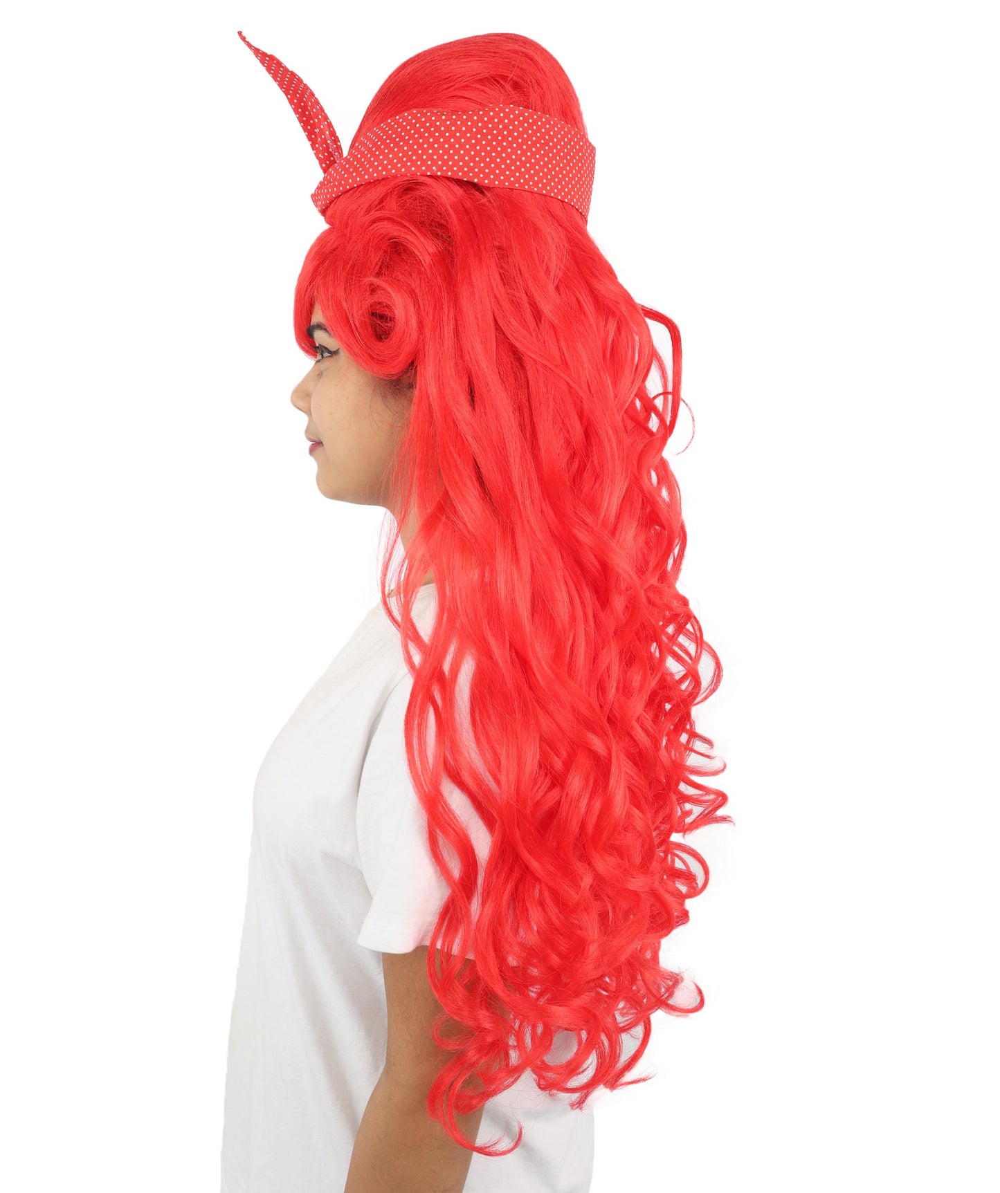 HPO Women’s Retro Beehive Wig with Red Bow | Multicolor Options | Extra Long Wavy Fancy Dress Accessory | Fancy Dress Accessory | Celebrity-Inspired Hair for Halloween, Cosplay & Music Tribute Parties