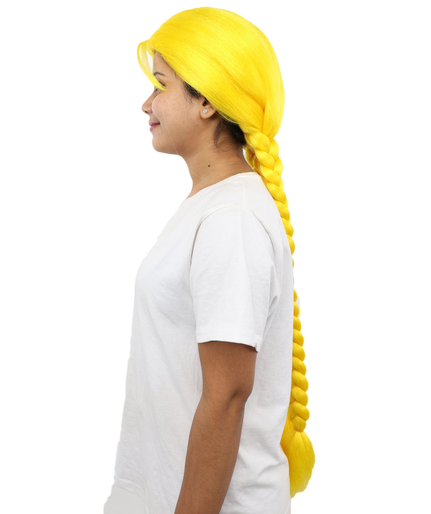 HPO Women’s Long Braid Synthetic Yellow Wig with Bangs | Sleek Cosplay Hairpiece with Comfortable Breathable Cap | Perfect for Halloween, Parties & Roleplay