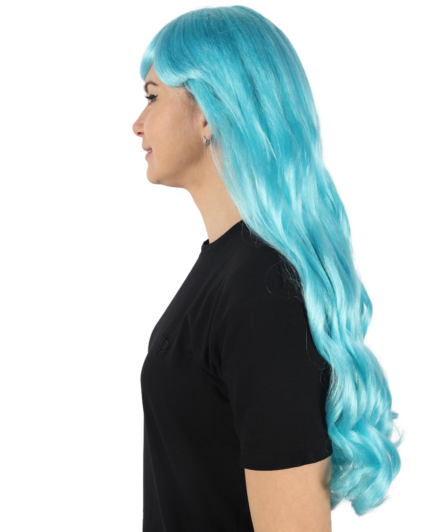 HPO Women's Red Long Wavy Desire Wig with Front Bangs | Halloween and Party Wig | Flame-retardant Synthetic Fiber  |  Premium Breathable Capless Cap