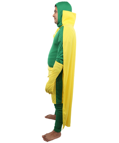 HPO Men's Cosplay Green & Yellow Costume - Red Cloak, Top, and Pants Full Set for Adults, Perfect for Themed Events