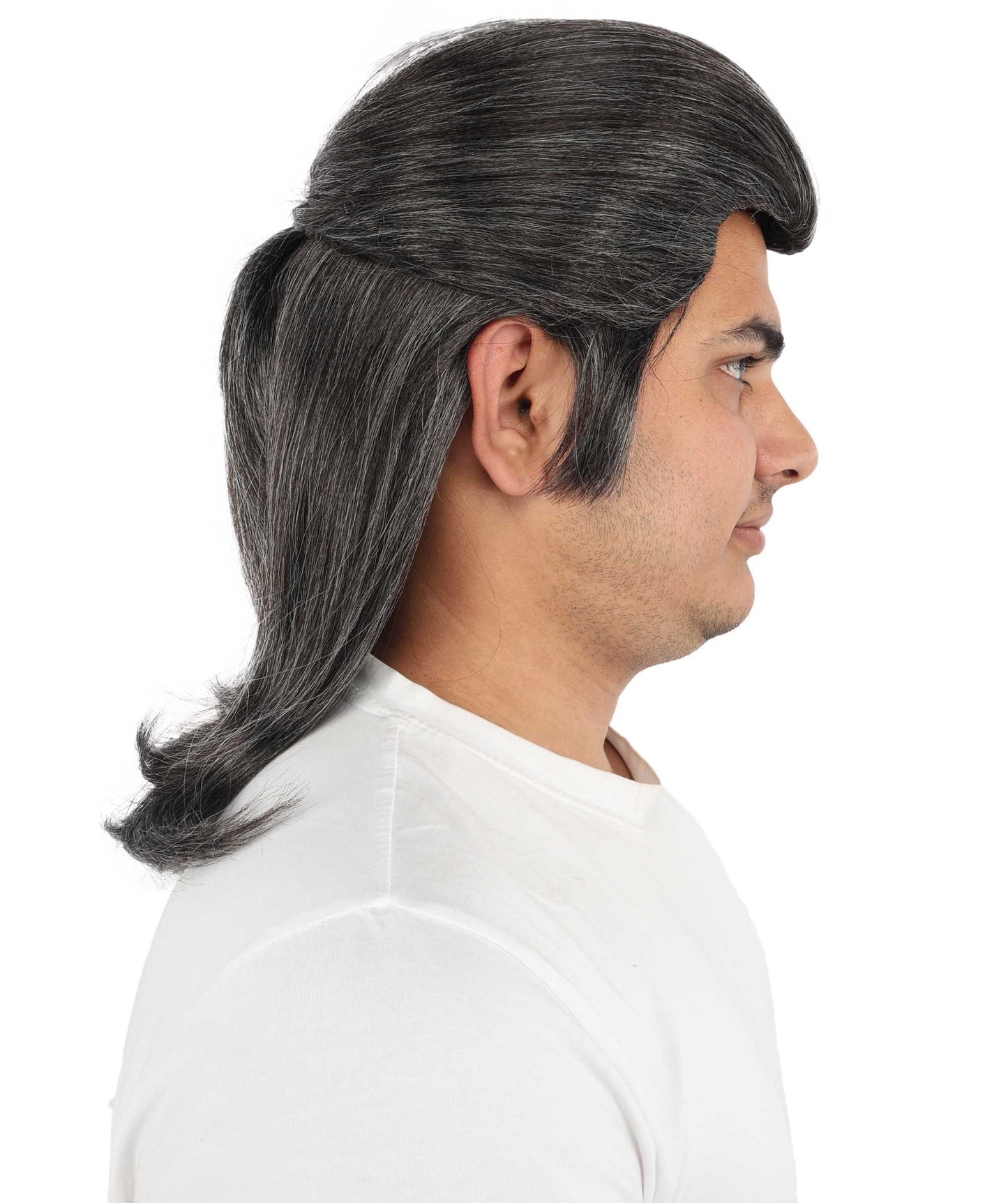 HPO Men's Samurai Warrior Wig | 15 Inch Grey & White Mixed Swept Back Texture Half Ponytail Style | Party Halloween Cosplay Theater Drag Performance Costume Events