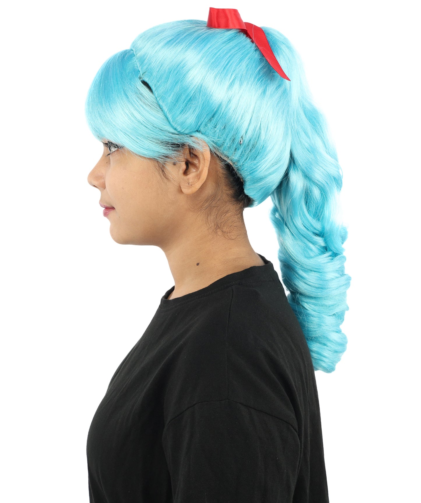 HPO Women's Spiral Ponytail Wig | Multicolor Options | High Updo with Red Ribbon Bow & Bangs, Heat Friendly Synthetic Fiber & Breathable Cap | Halloween, Christmas Event, Themed Party, Theater & Roleplay