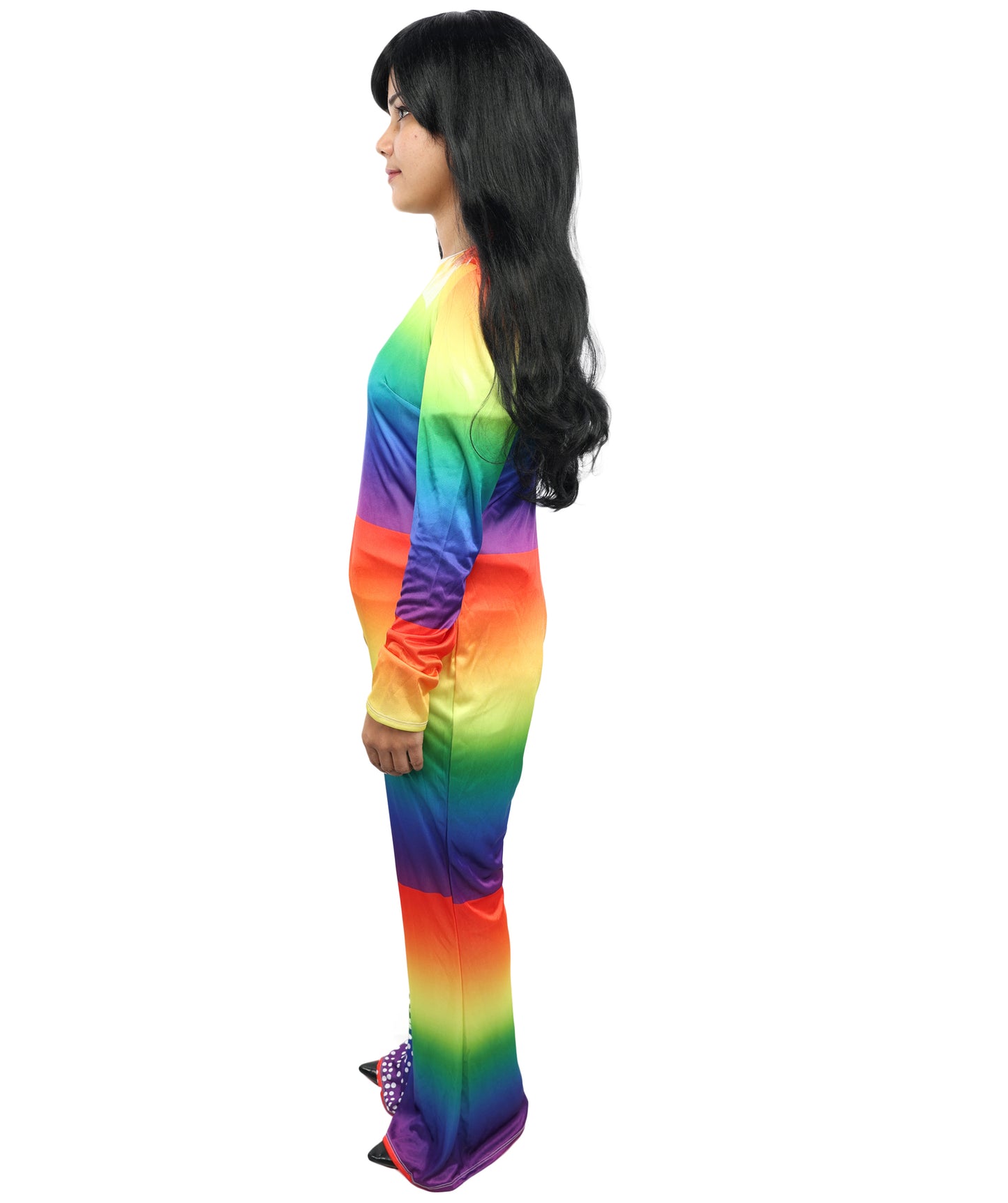 HPO Women’s Vivid Rainbow Disco Bodysuit – Multicolor Stretch Jumpsuit for Retro 70s, Funk, Festival & Dance Party Costumes | Long Sleeve Full Body Outfit with Flared Legs