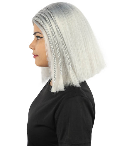 HPO Celebrity-Style 11 Inch Green Rooted Blonde Front Braided Straight Wig | Shoulder-Length Fun, Bold, and Stylish Hairpiece  | Ideal for Halloween, Cosplay, and Themed Parties