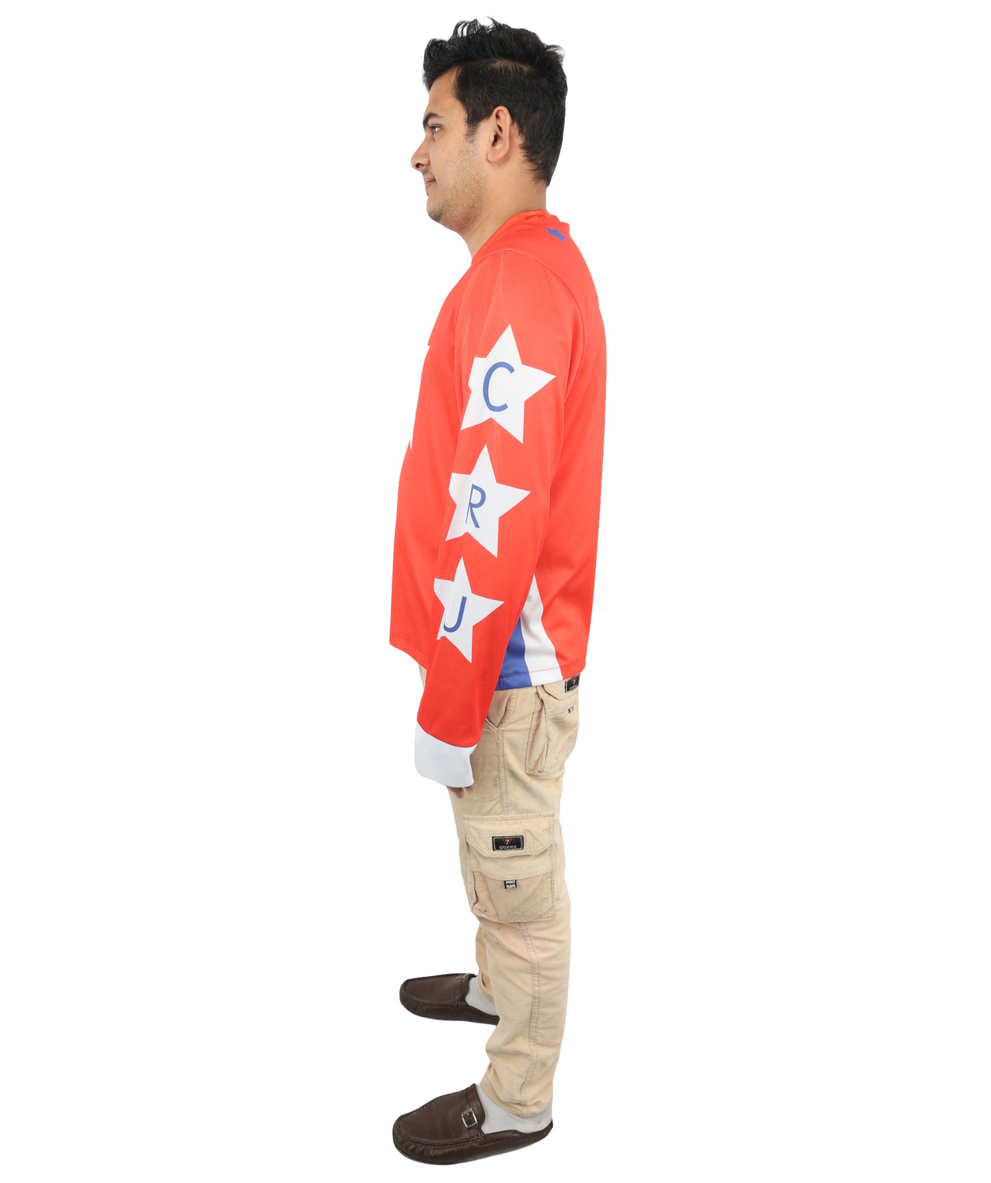 HPO Men's Vintage Stunt Biker Red Costume | Long Sleeve Jersey Knit with Bold Chest Logo | Versatile for Costume Parties, Stage Shows, and Retro Sports Themed Events