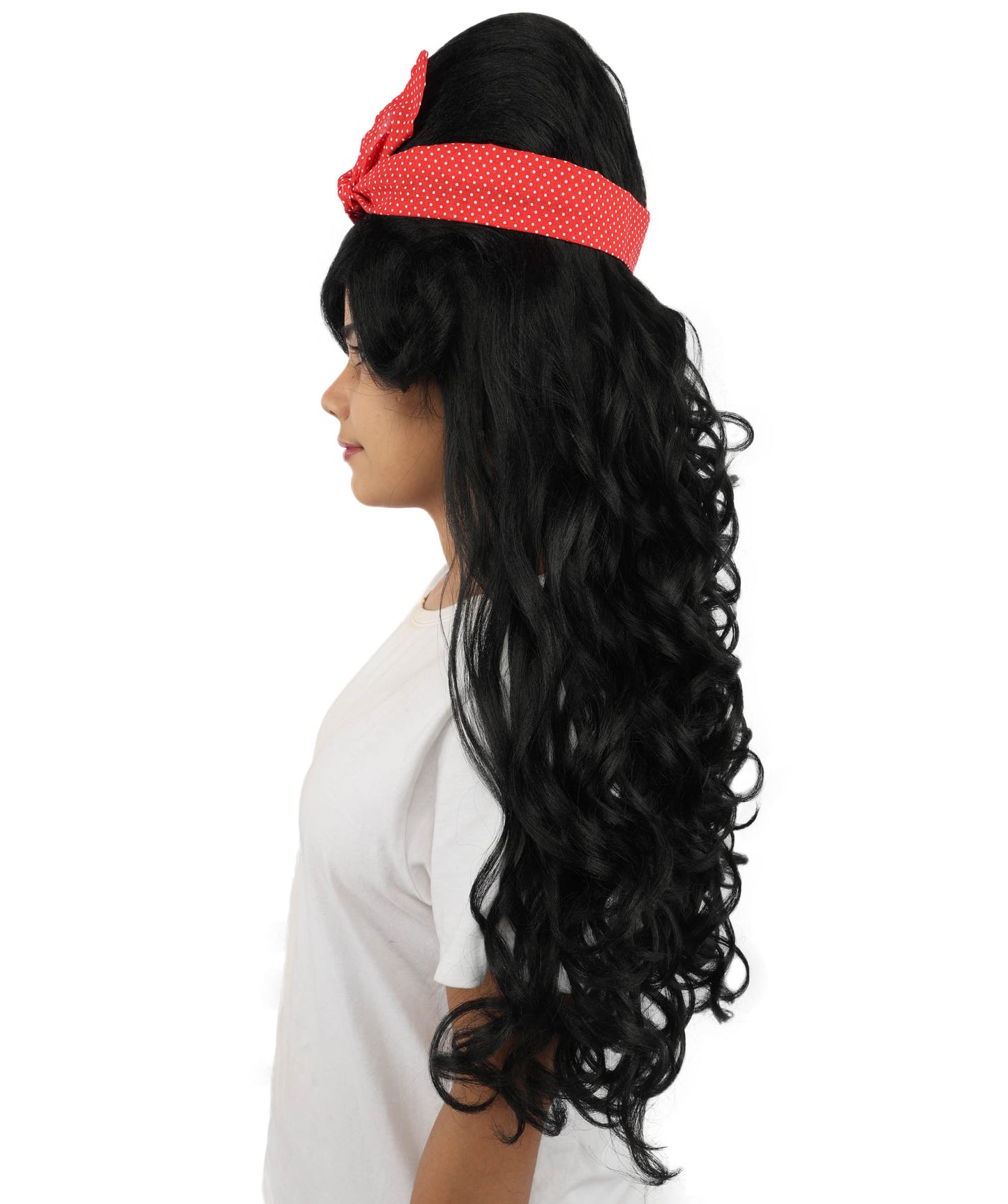 HPO Women’s Retro Beehive Wig with Red Bow | Multicolor Options | Extra Long Wavy Fancy Dress Accessory | Fancy Dress Accessory | Celebrity-Inspired Hair for Halloween, Cosplay & Music Tribute Parties