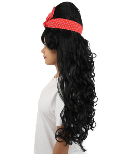 HPO Women’s Retro Beehive Wig with Red Bow | Multicolor Options | Extra Long Wavy Fancy Dress Accessory | Fancy Dress Accessory | Celebrity-Inspired Hair for Halloween, Cosplay & Music Tribute Parties
