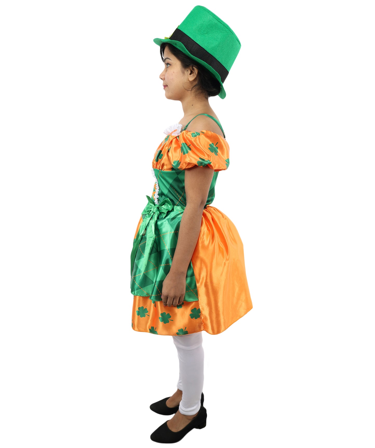 HPO Women Orange & Green Party Dress Costume with Hat | Colorful Event Outfit with Ruffle Skirt | Designed for Cosplay & Parties