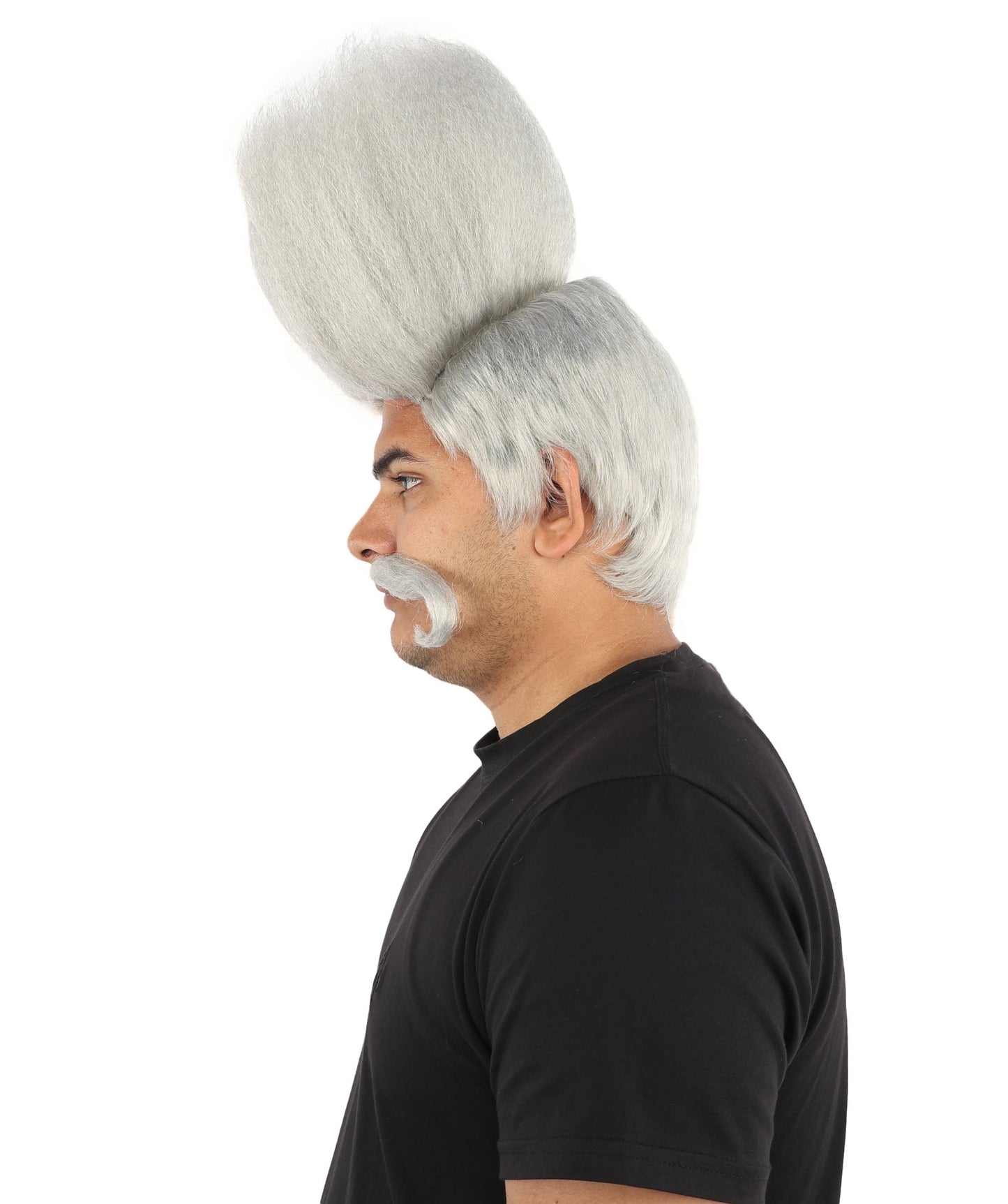 HPO Adult Men's Tall Flat Top Wig and Mustache | Vertical Dark Pompadour with Long Handlebar Facial Hair, Synthetic Fiber & Breathable Net | Halloween, Carnival, Stage Performance & Roleplay