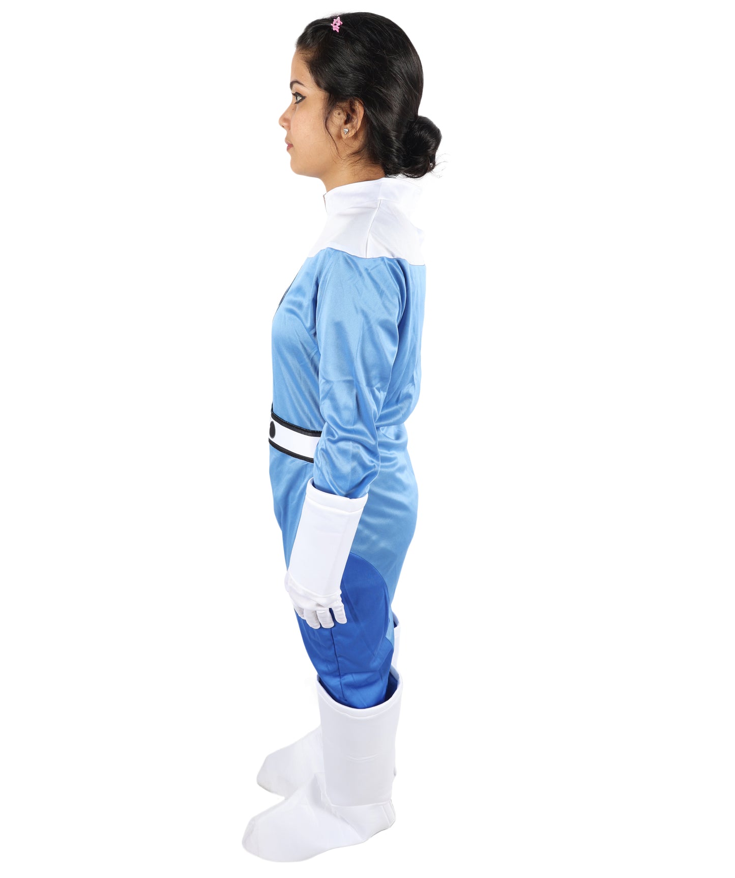 HPO Women’s Ultimate Sci-Fi Costume | 3-in-1 Jersey Dress with Hand Gloves | Blue & White Cosplay Outfit