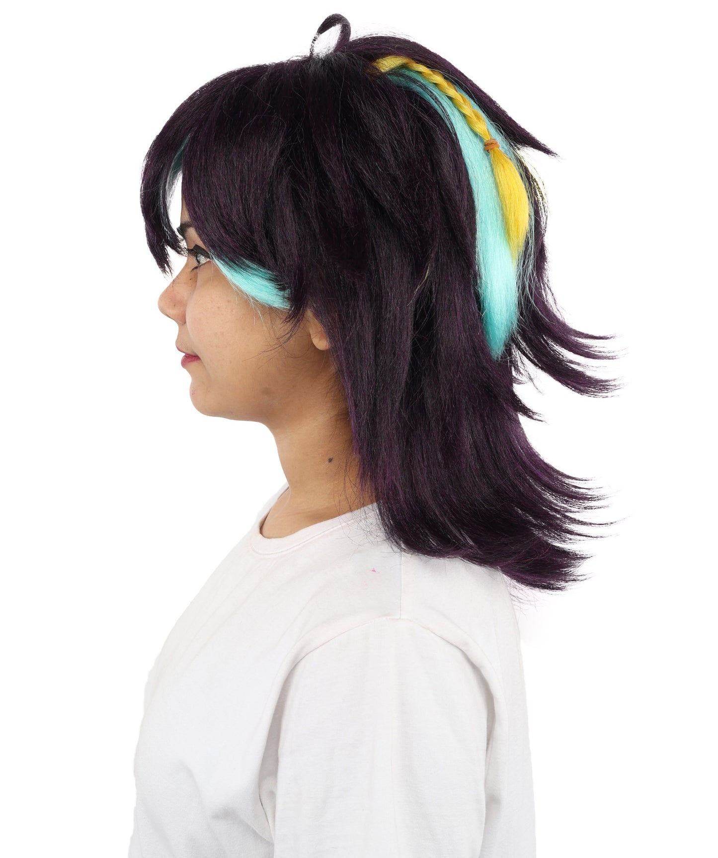 HPO Women's Medium Spiky Multicolor Color Wig | Dark Navy Synthetic Hair with Green Bangs and Amber Streaks | Halloween Roleplay and Video Game Character Style