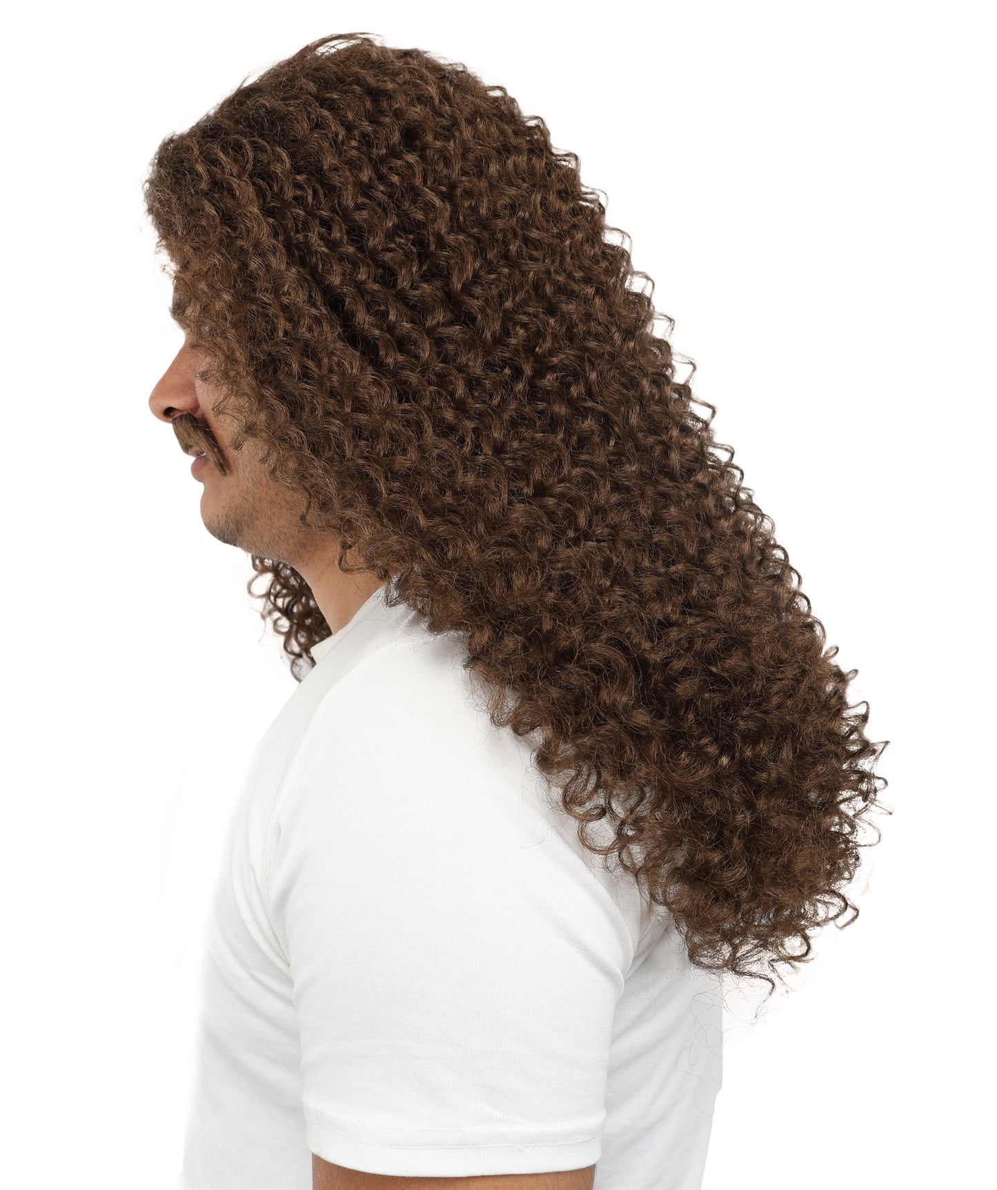 HPO Men's Long Curly Wig & Mustache Set for Men | Natural-Looking Brown Synthetic Hairpiece | Wig for Cosplay, Halloween & Stage Use