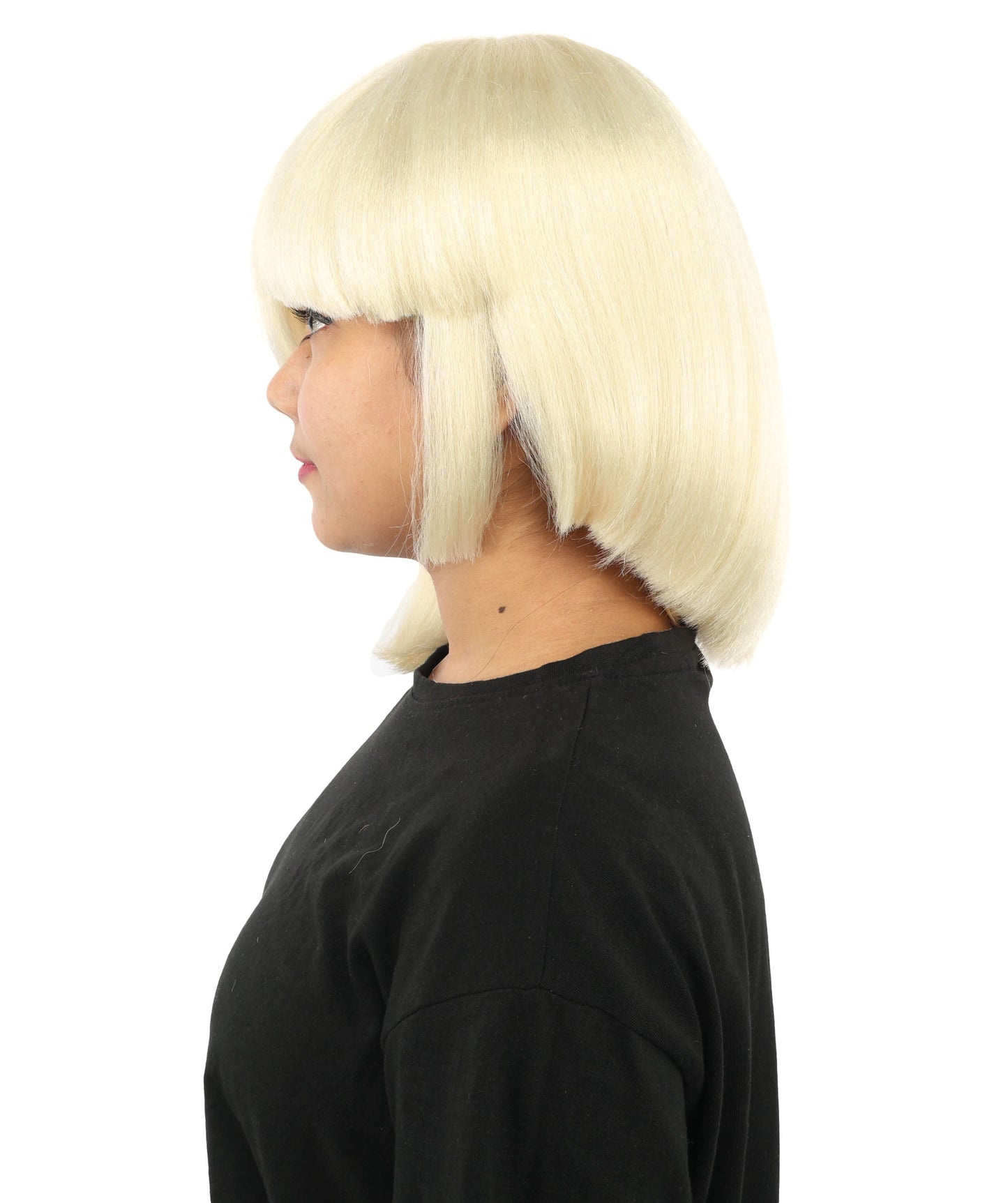 HPO Adult Women's Asymmetrical Bangs Bob Wig | Multiple Color Options | Create of synthetic fiber, sleek straight volume, breathable capless base | Party, Halloween, theater, drag, performance, costume events
