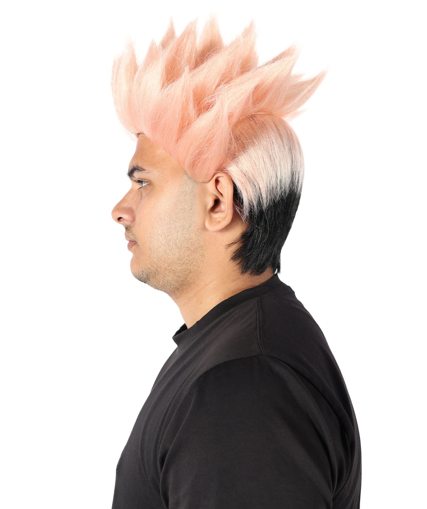 Anime-Inspired Spiky Wig | Black with Coral Mixed Streaks | Short Layered Hairstyle with Adjustable Cap for Halloween, Carnival & Parties