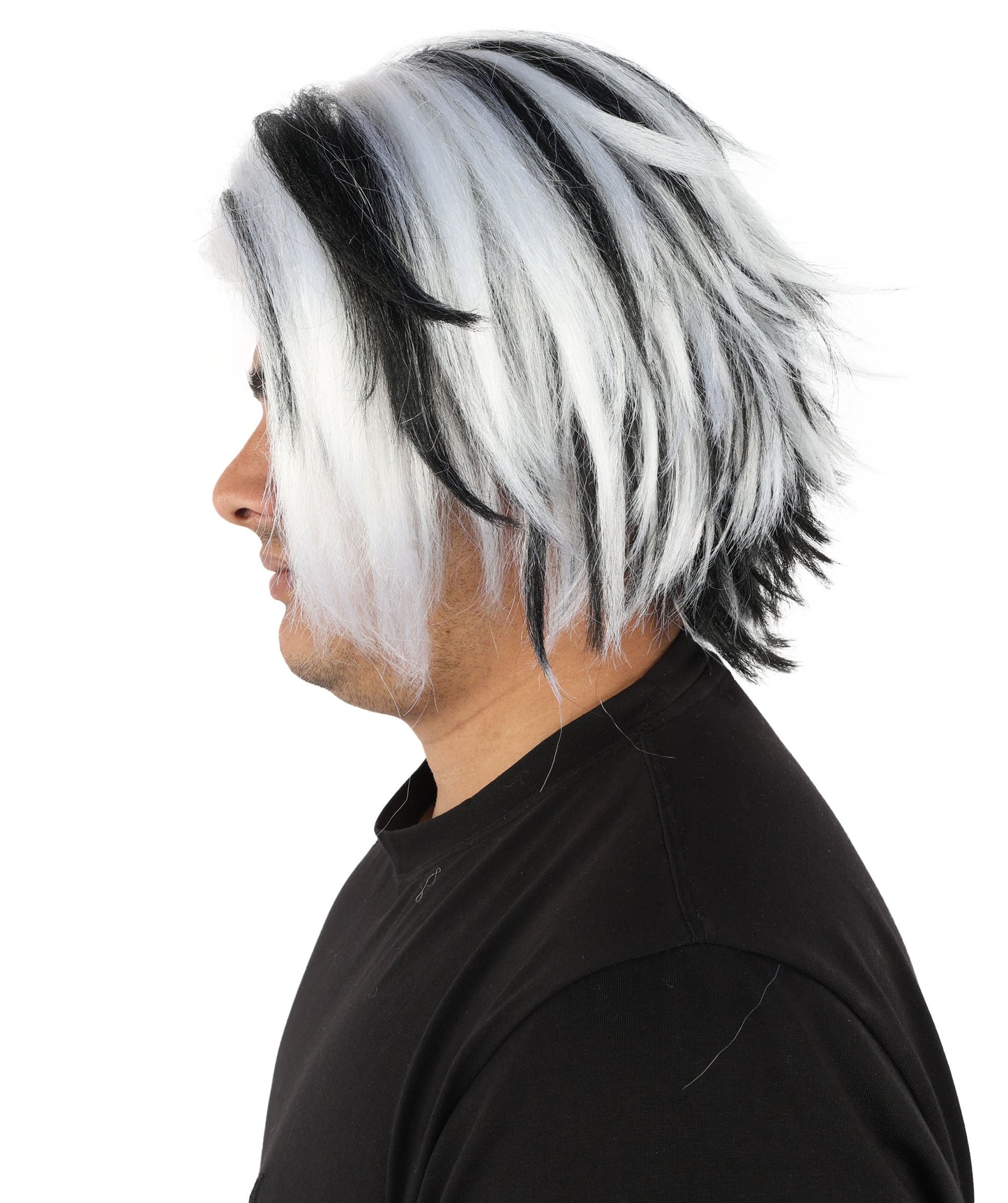 HPO Men's Two Tone Black & White Layered Anime Hair | Frosted Tips Messy Style, Natural Matte Finish, Adjustable Interior Net & Durable Strands | Carnival, Dress Up, Fantasy Conventions, Theater & Photo Shoots